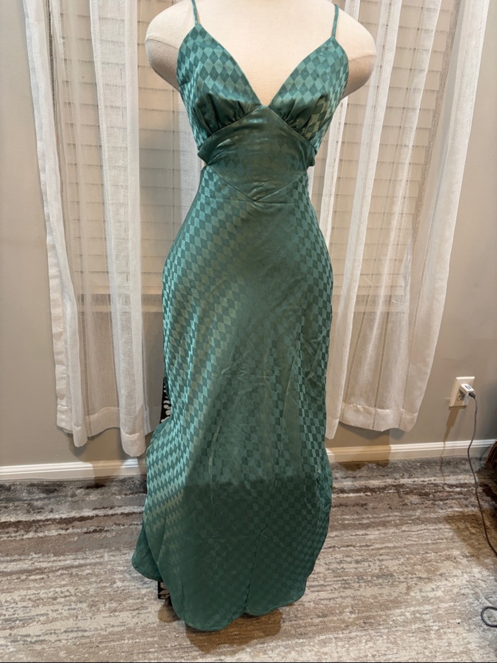 Selfie Leslie Teal Checker Satin Maxi Slip Dress